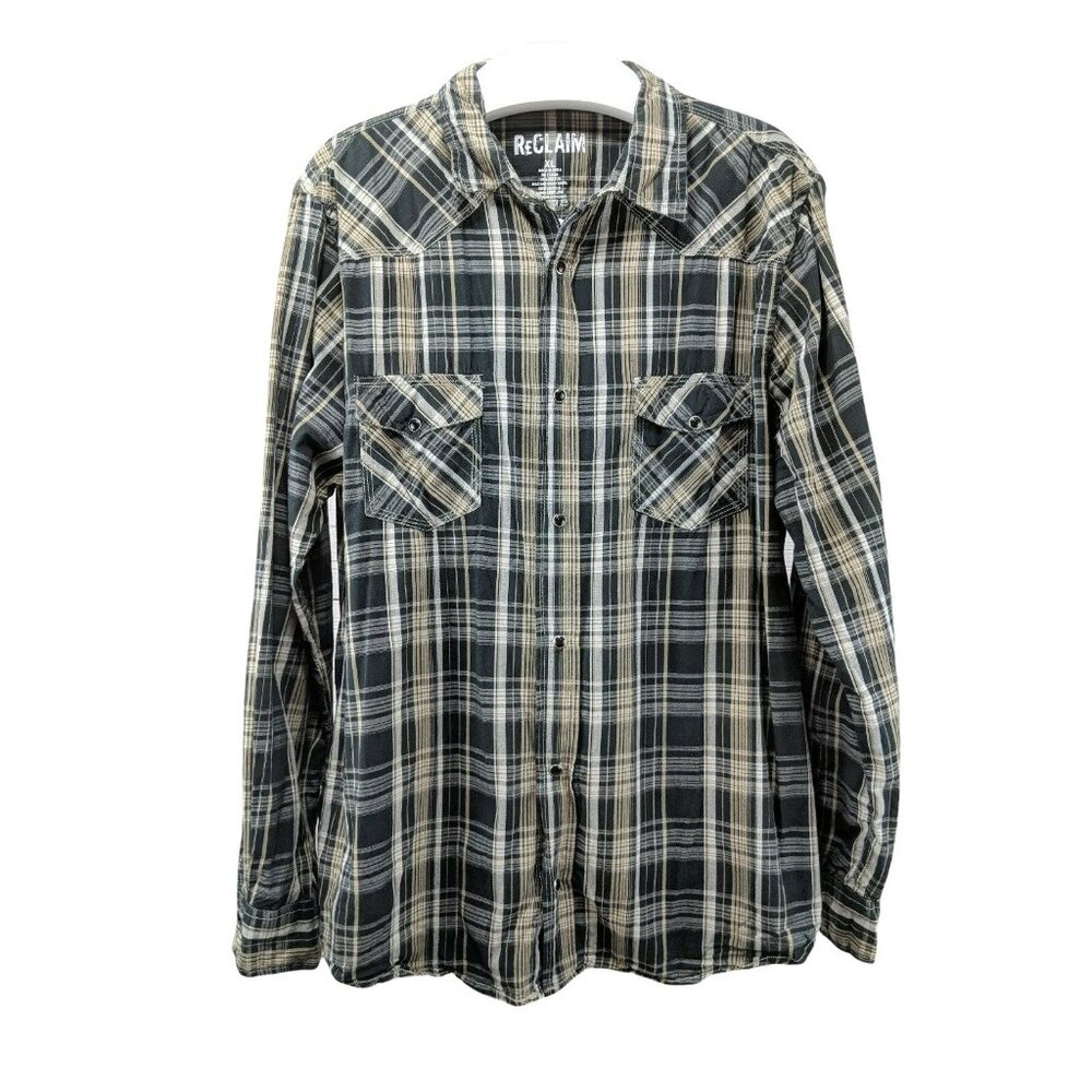 Reclaim Button Front Casual Snap Shirt Men's Size XL Black/Brown Plaid